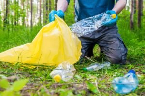 A man cleans up plastic garbage in the forest in the summer